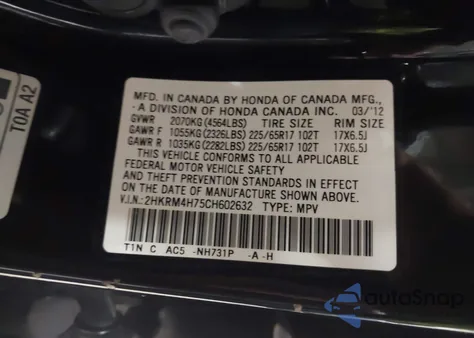 2012 Honda Cr-V Ex-L z USA, uszkodzony, nr VIN 2HKRM4H75CH602632